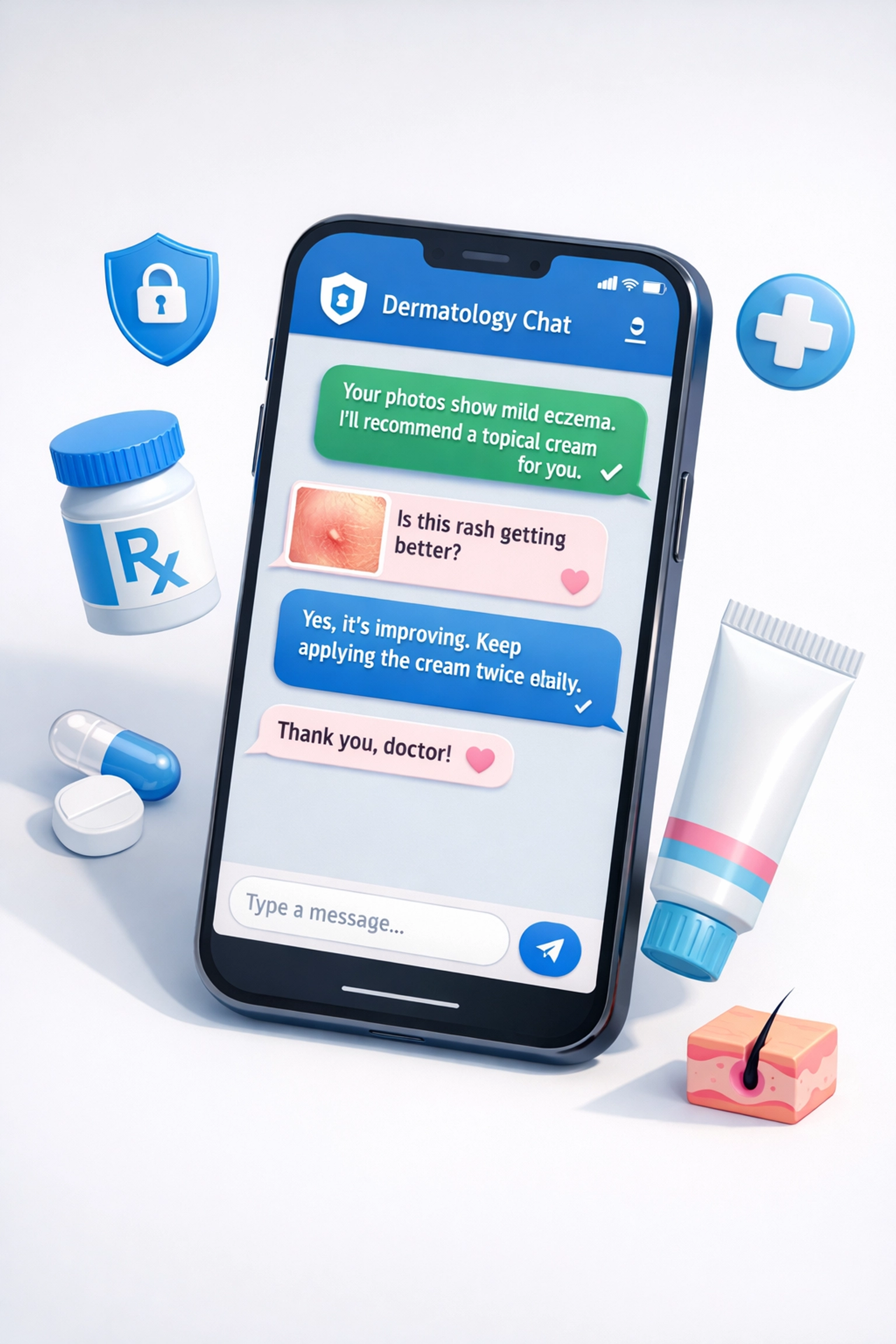 Smartphone displaying text-based dermatology consultation with prescription medications for online skin treatment