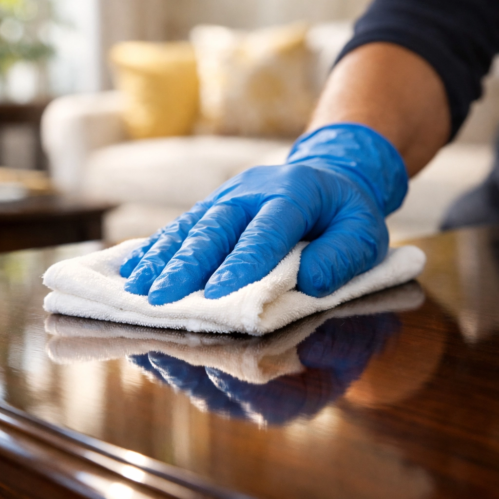 Expert cleaner polishing a wooden table during a professional Deep Cleaning in Walpole residential service.