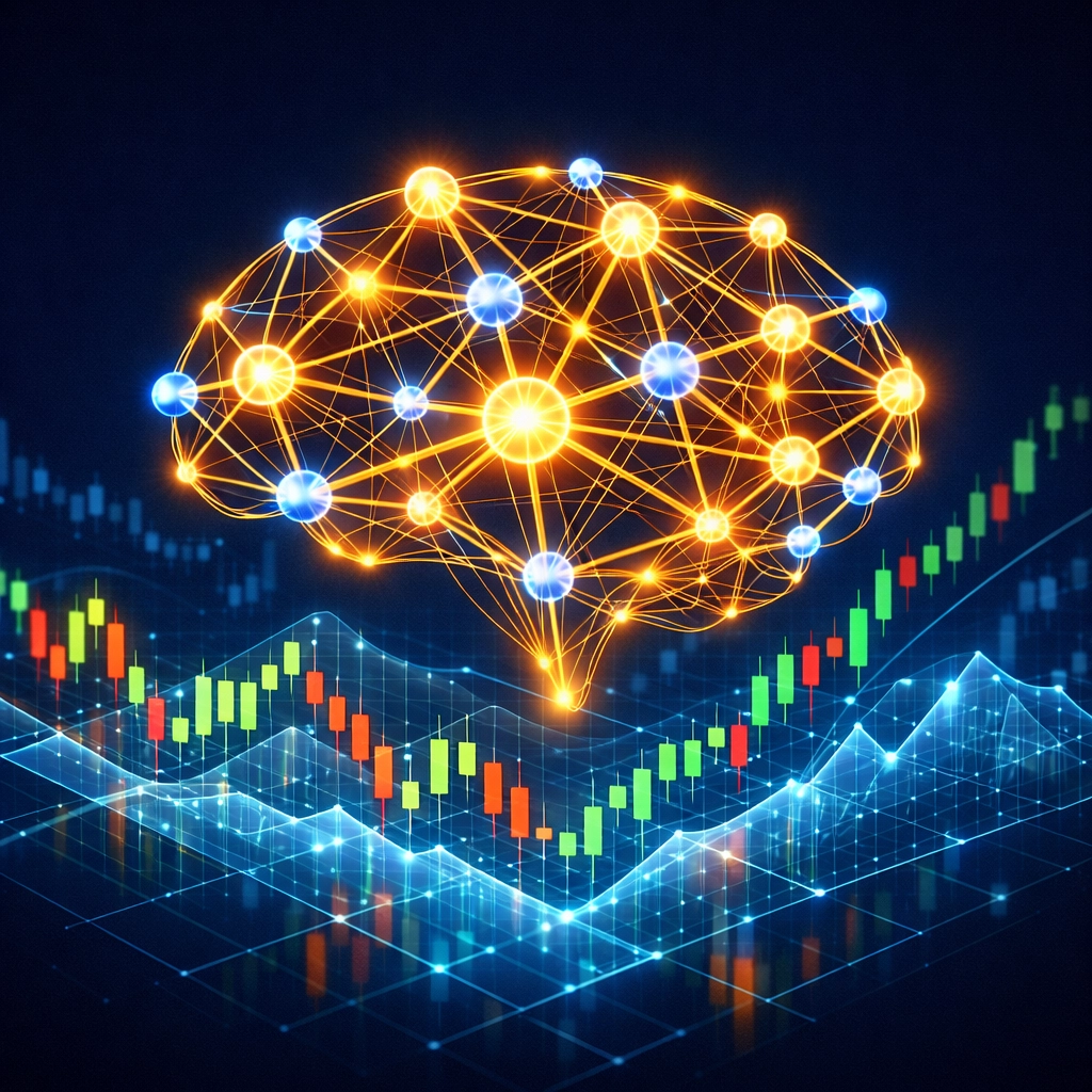 AI neural network analyzing stock market candlestick patterns for algorithmic trading.