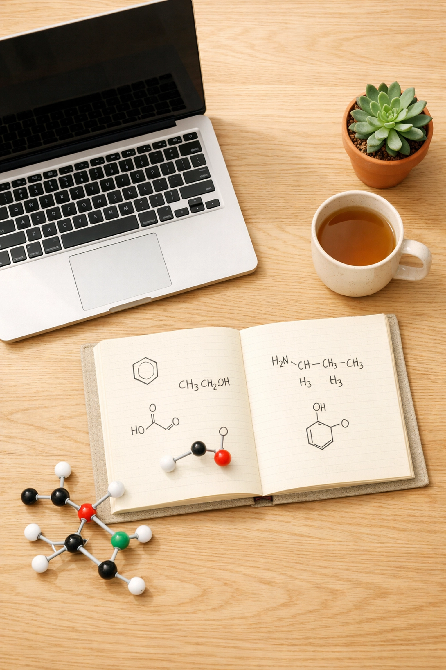 A minimalist desk with chemistry notes, ideal for a student working with an Online Chemistry Tutor on UCAS prep.