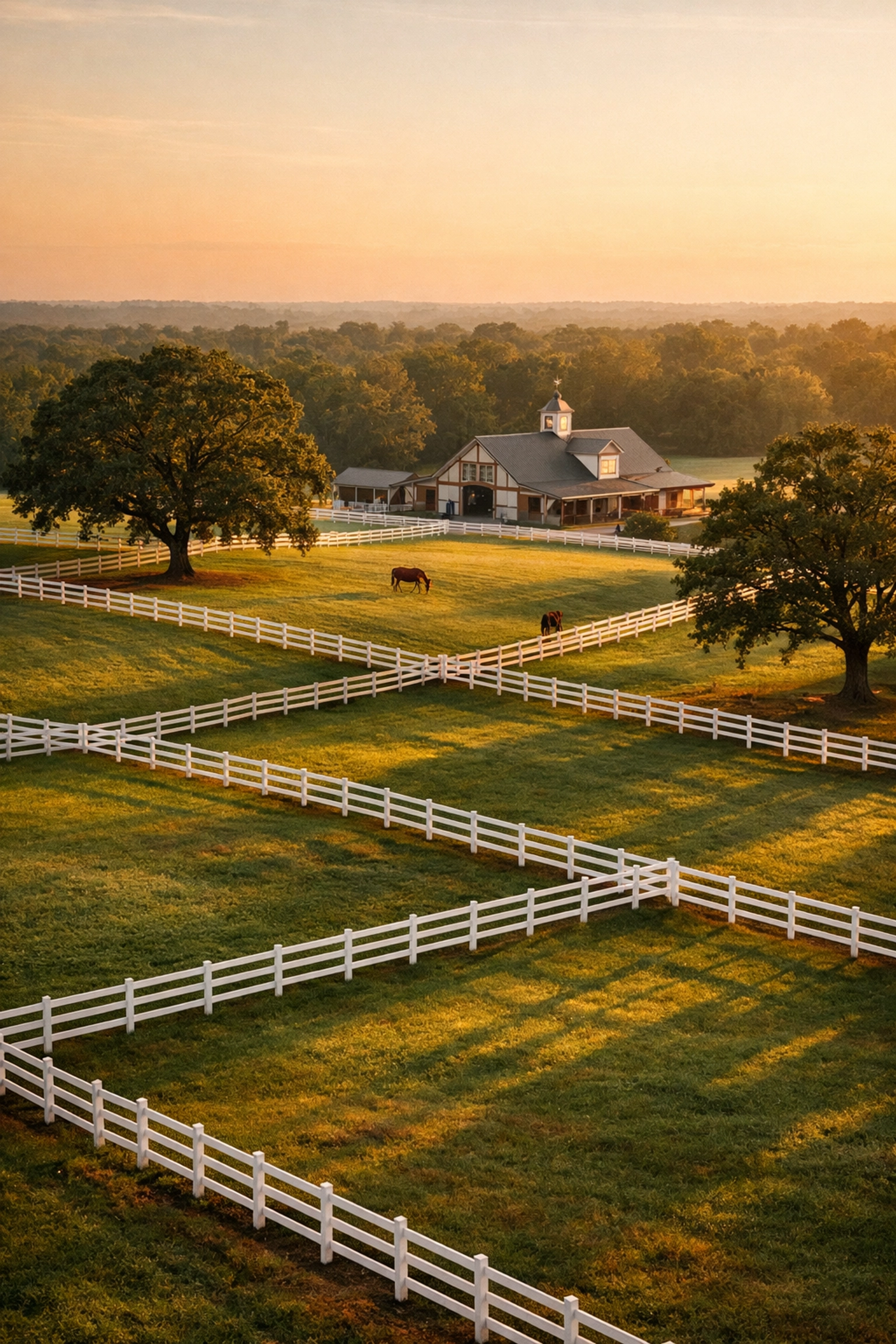 Aerial view of Charlotte Metro horse farm with white fencing and barn surrounded by green pastures