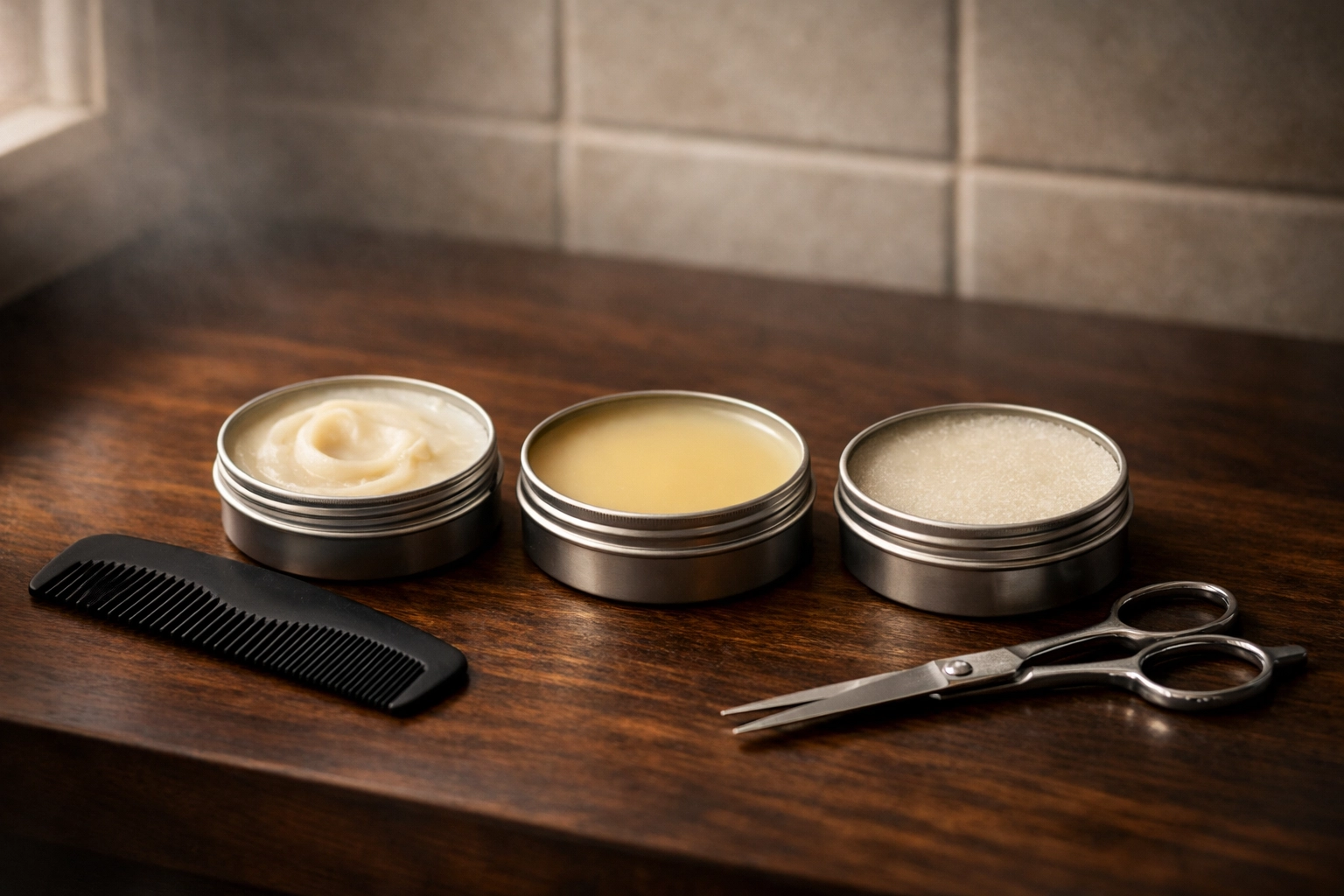 Three beard wax tins showing light, medium, and firm hold options with comb and scissors