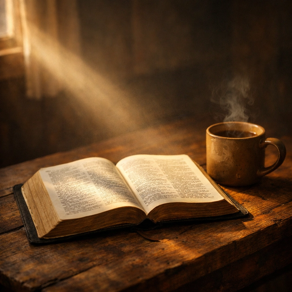 Open Bible on wooden table with coffee in morning sunlight for prayer time