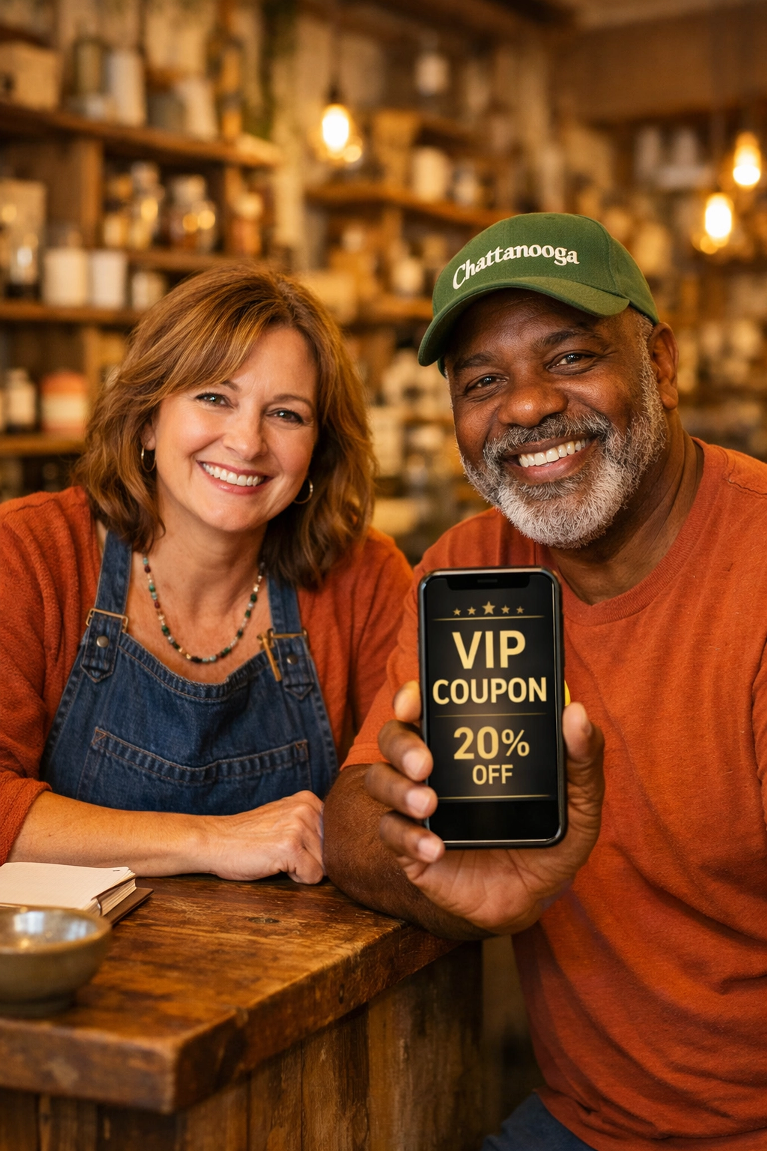 Chattanooga business owner and customer sharing a digital coupon for local brand loyalty.