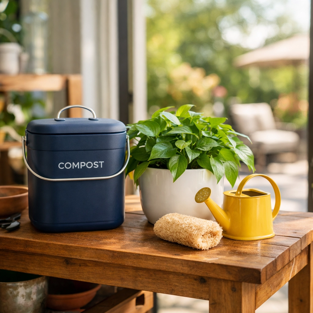 Worn loofah sponge and compost bin on a wooden bench illustrating sustainable disposal of cleaning tools.