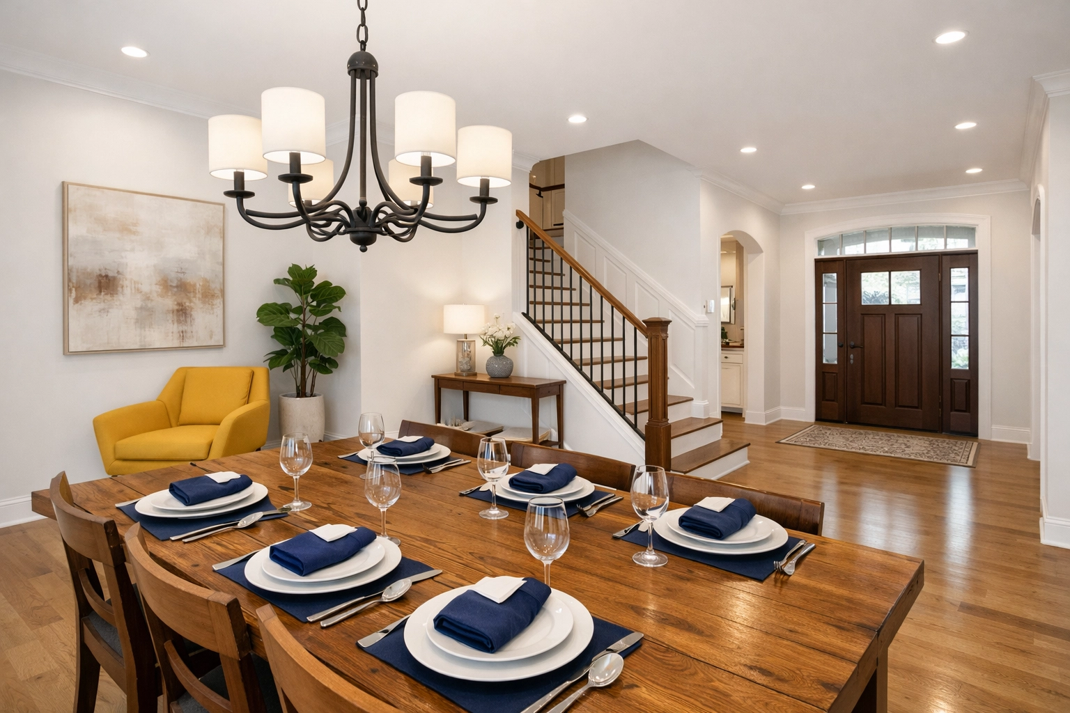 A sanitized and organized open-concept dining room following a comprehensive residential deep cleaning.