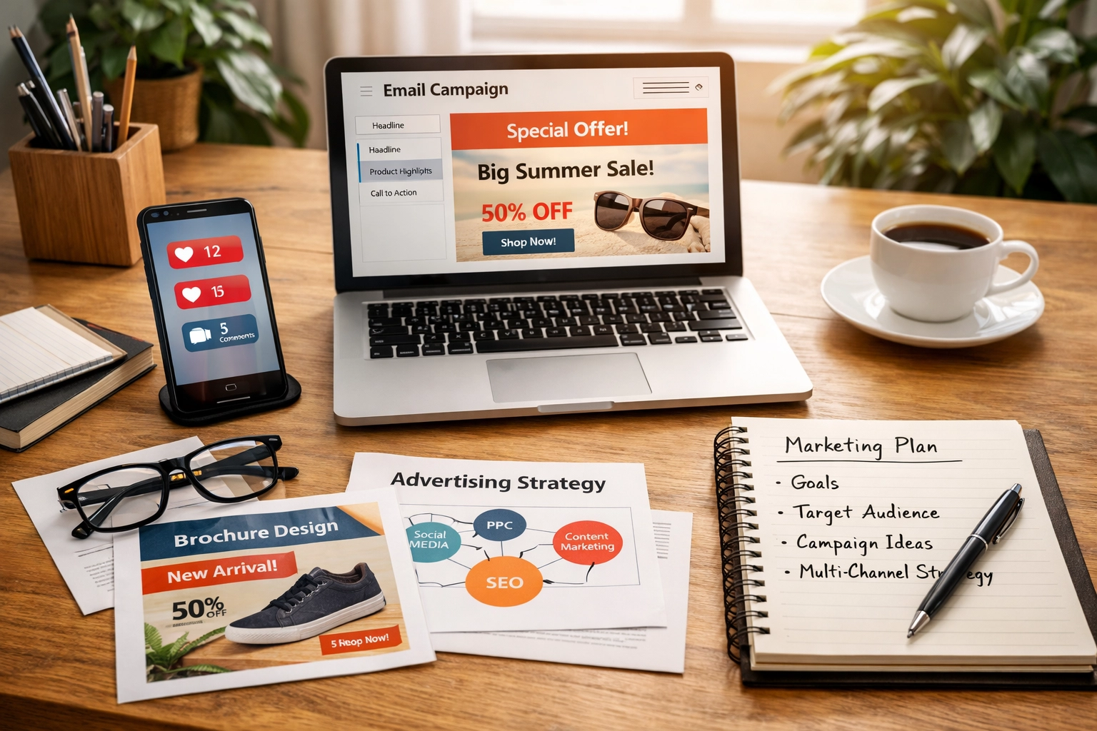 Multi-channel MSP marketing workspace with email campaigns and outreach materials