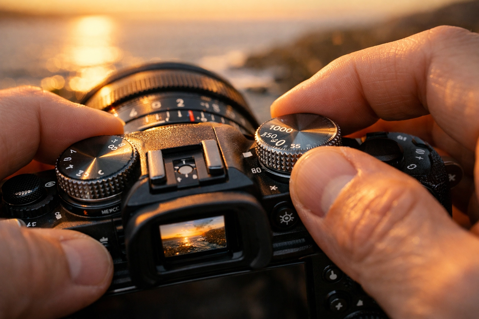 Hands adjusting manual mode dials for aperture and shutter speed during golden hour photography.
