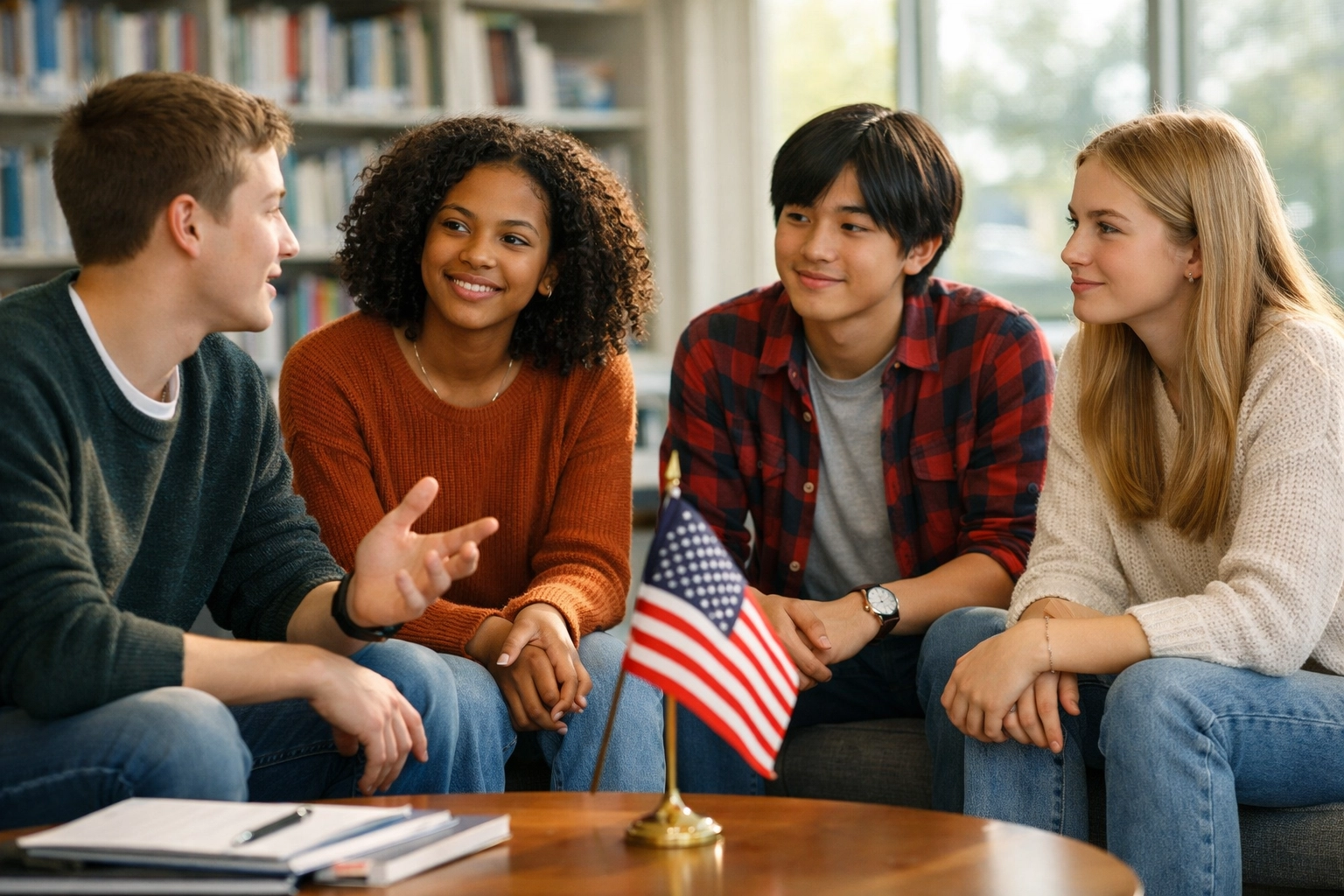 Pledge Allegiance Unveils National Civil Discourse Training Program High school students engaging in civil discourse and civic participation in a library setting.