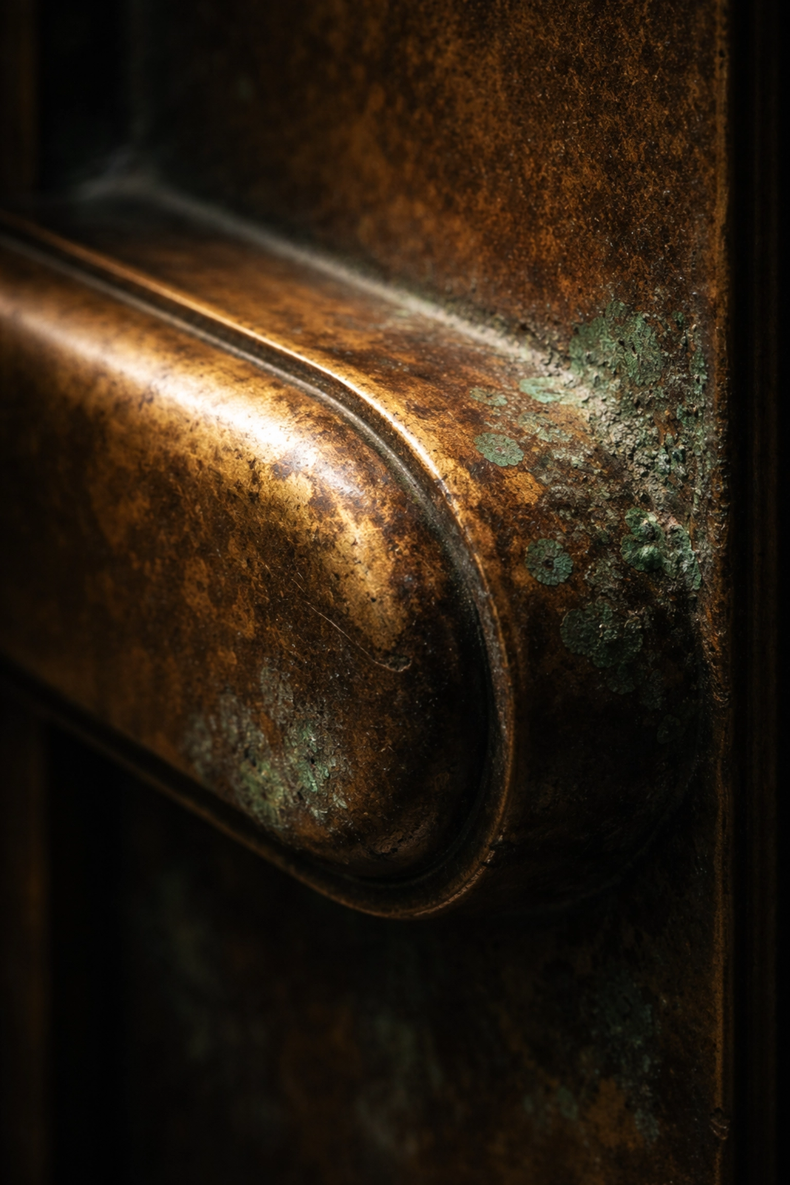 Close-up of bronze door handle showing early signs of oxidation and discoloration in commercial building