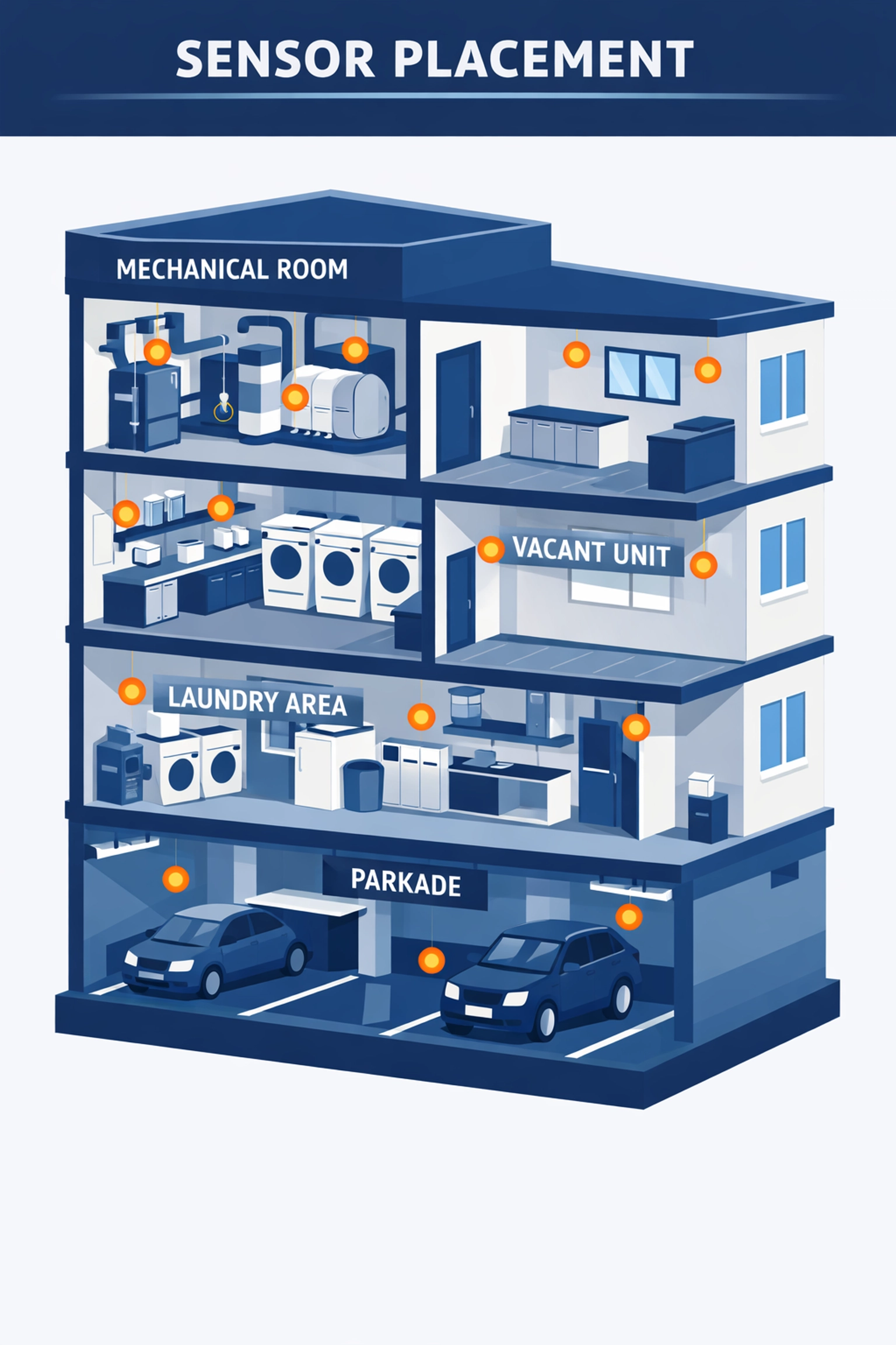 Multi-story building diagram showing strategic freeze sensor placement in vulnerable areas