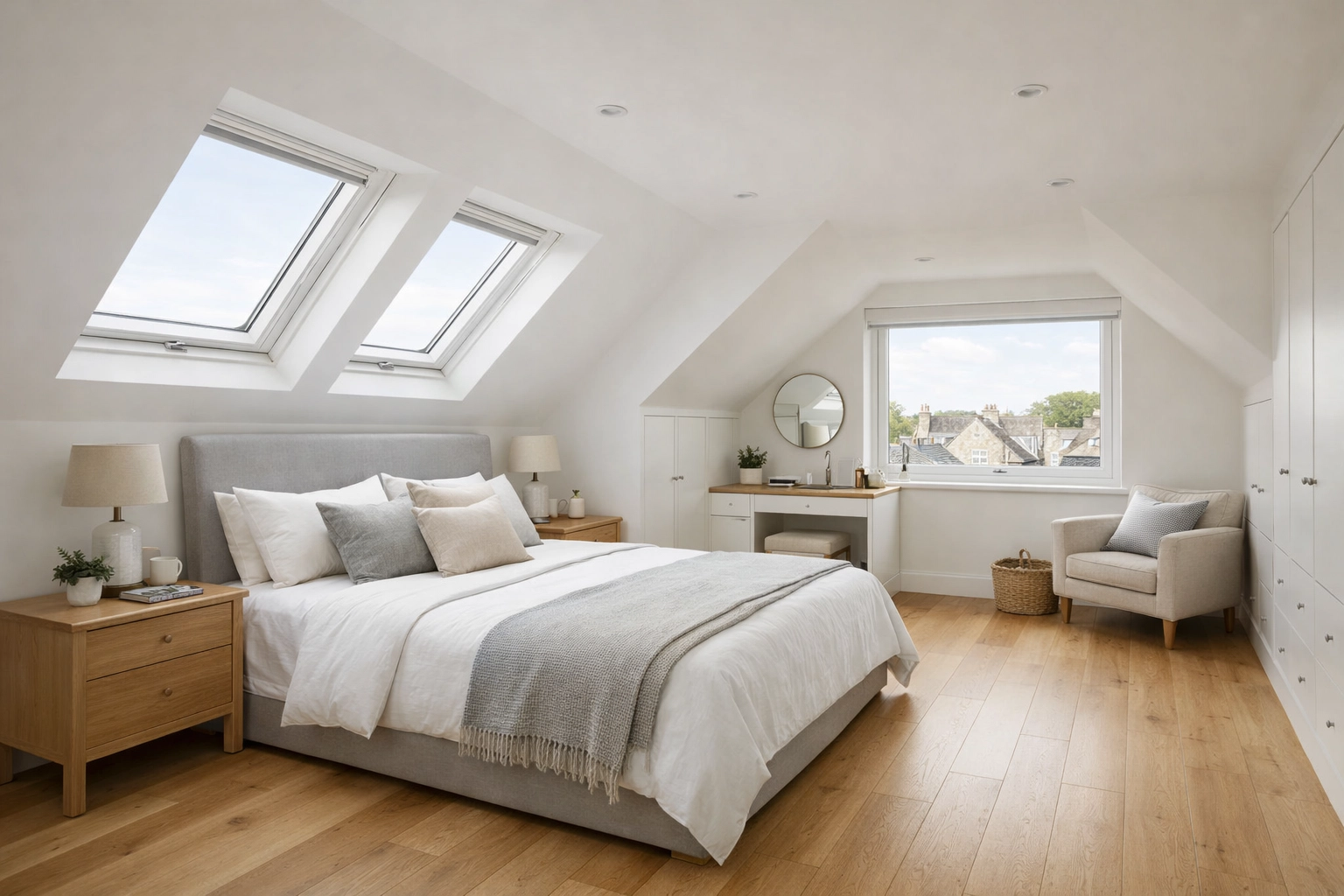 Modern loft conversion in East London with bright dormer windows and high-quality finishes.