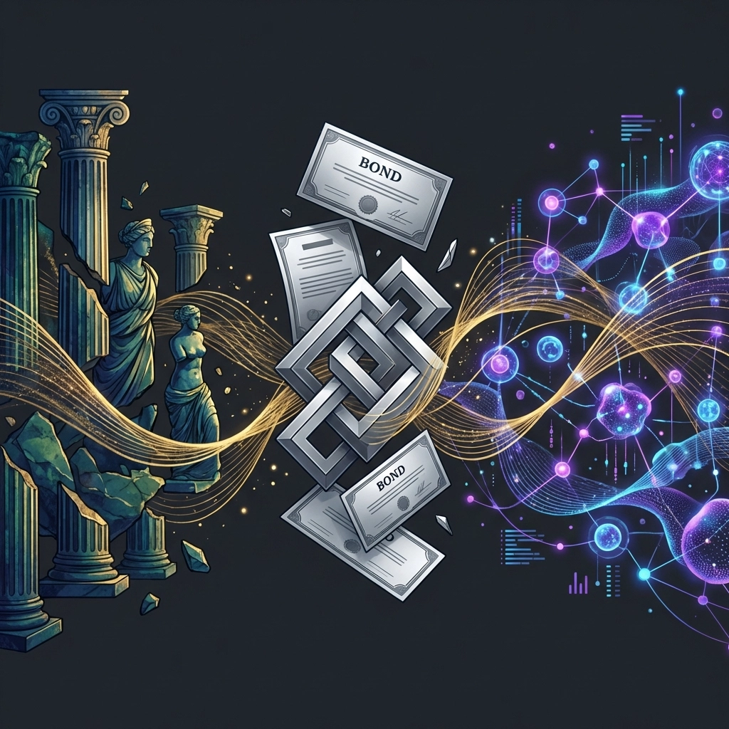 Three worlds of investing merge: equities, bonds, and alternative assets, visualizing advanced portfolio diversification strategies