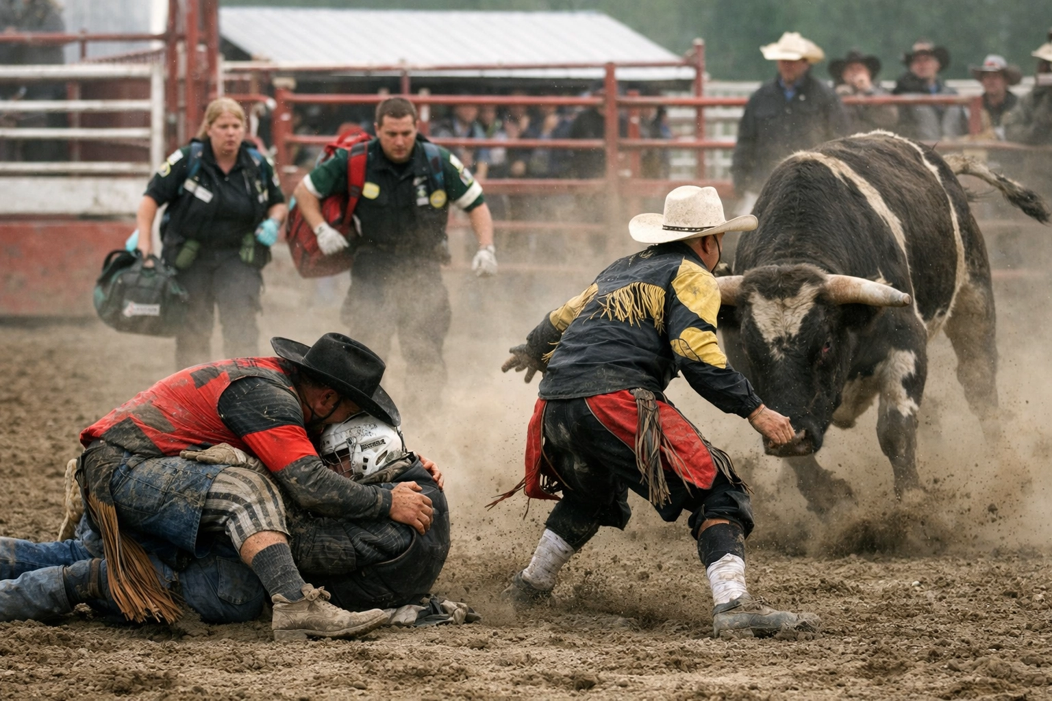Rodeo bullfighter protecting an injured rider in a dusty Canadian fair arena during an emergency response moment.