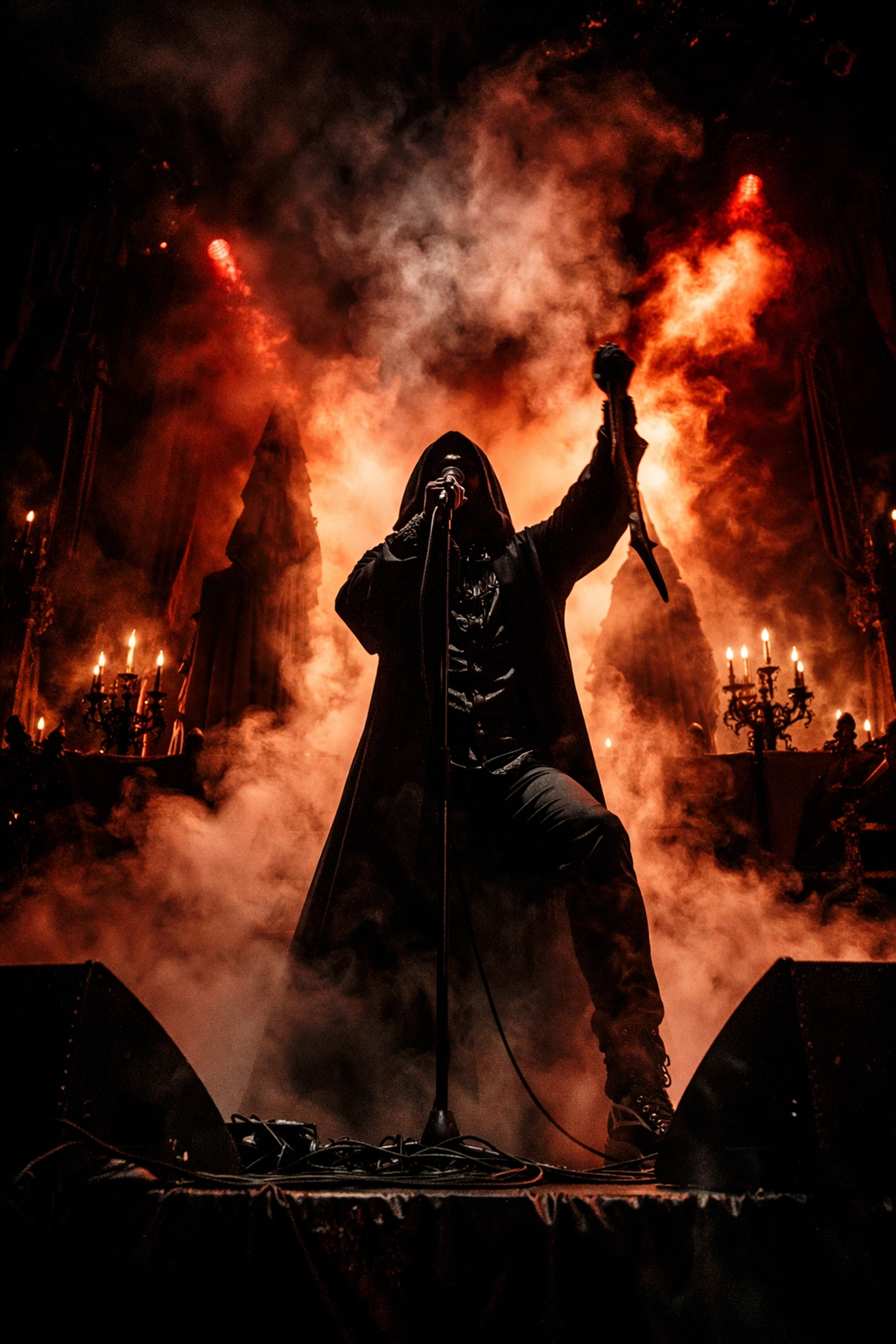 Behemoth performing on stage with dramatic smoke, fiery lighting, and gothic metal concert atmosphere