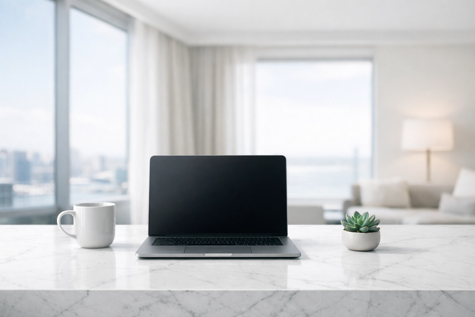 A laptop displaying a hotel direct booking engine on a clean desk in a sunlit luxury suite.