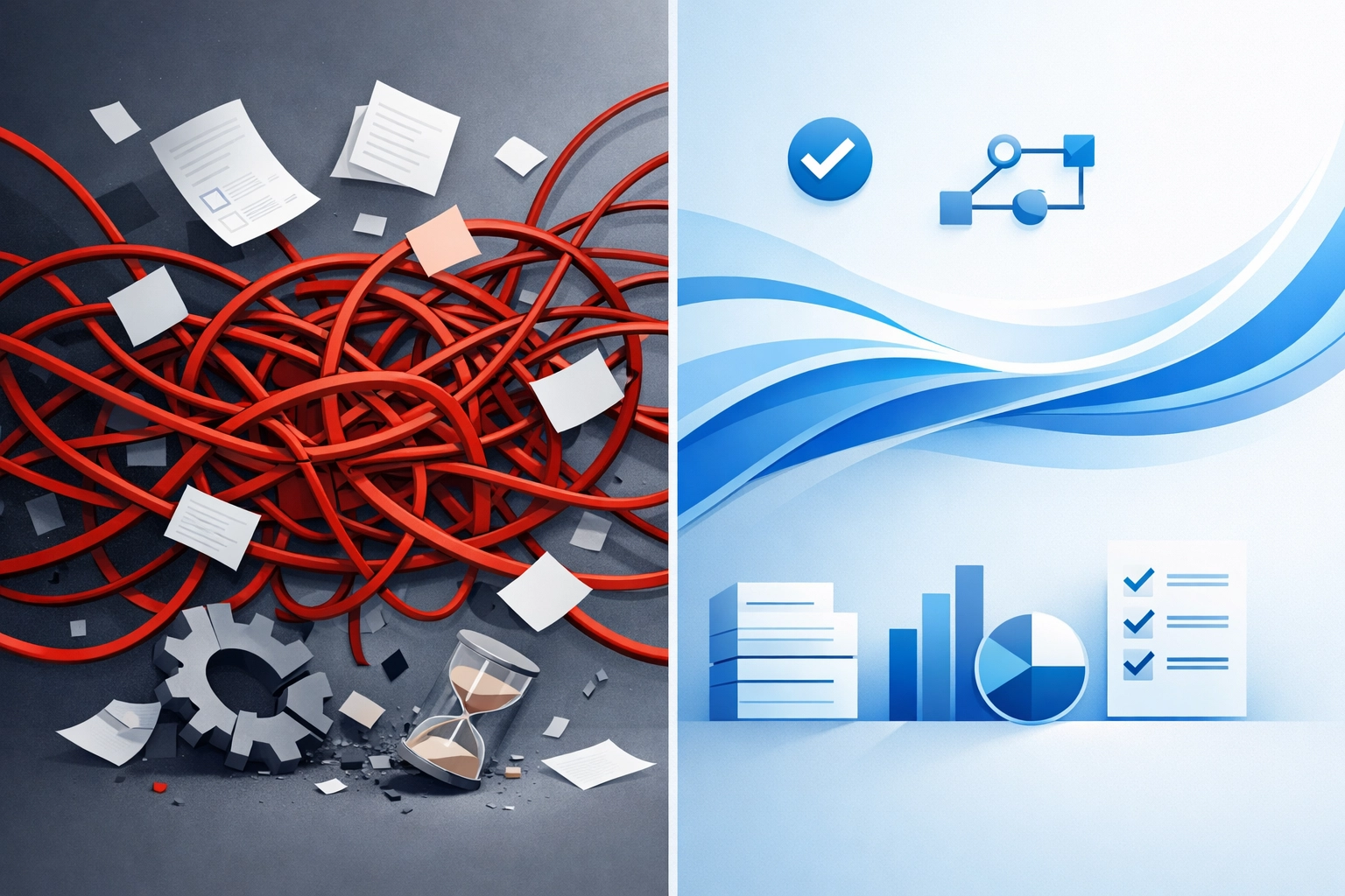 Contrast between broken business processes and optimized automated workflows