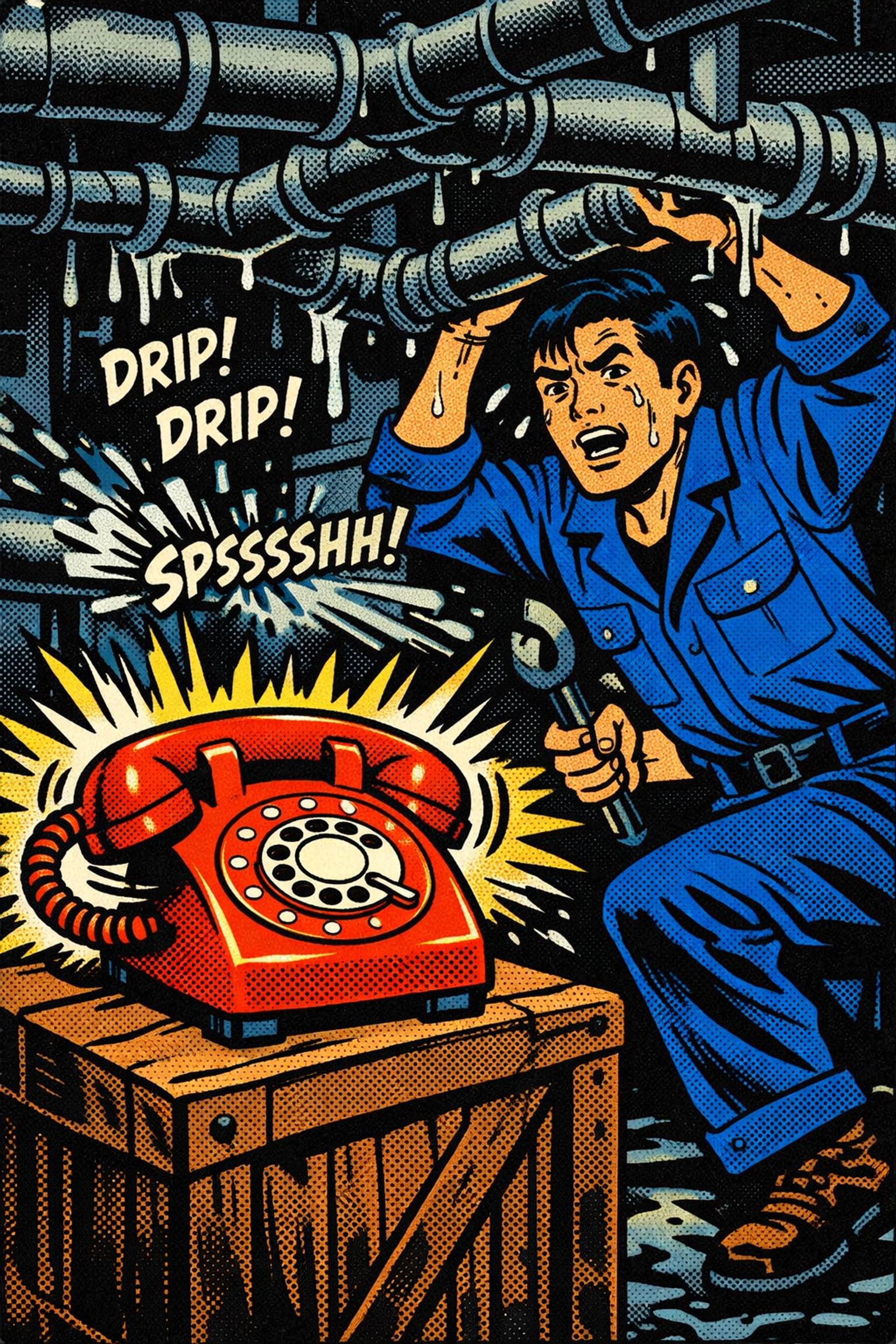 Comic illustration of a technician missing a job lead while working on repairs in a basement.