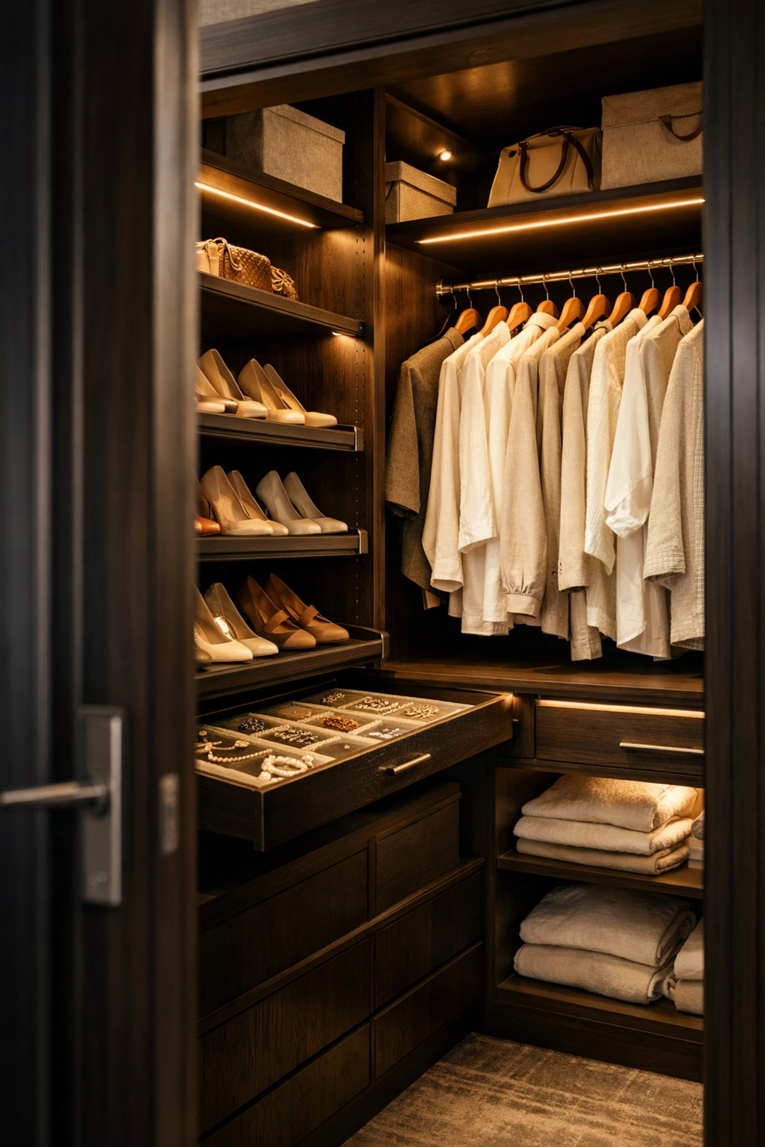 Organized interior of a luxury built-in wardrobe with custom shoe racks and integrated lighting.