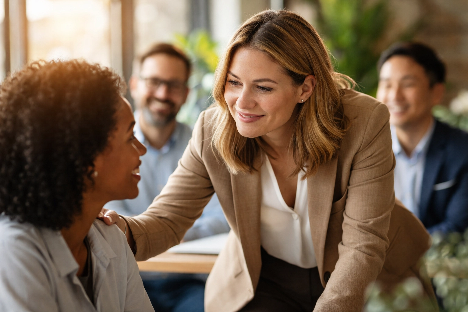 Diverse business professionals in an office, leader showing empathy to a colleague, highlighting the value of human connection in leadership.