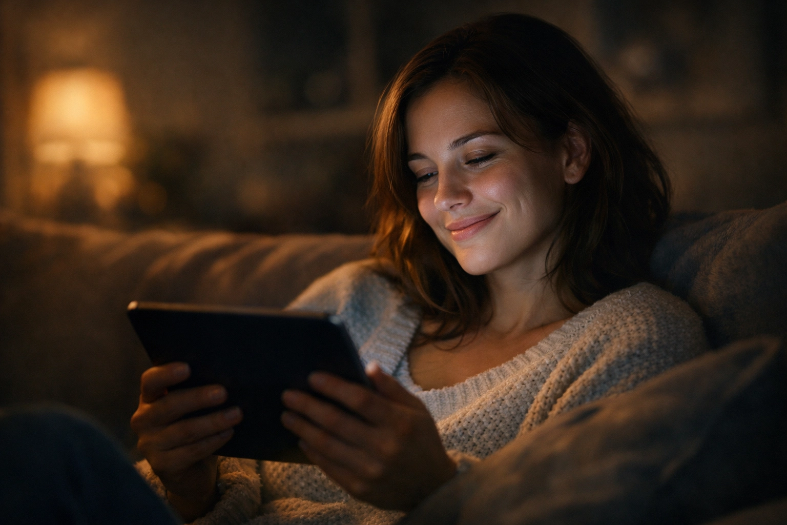 A woman finding peace and spiritual connection through a tablet during online church.