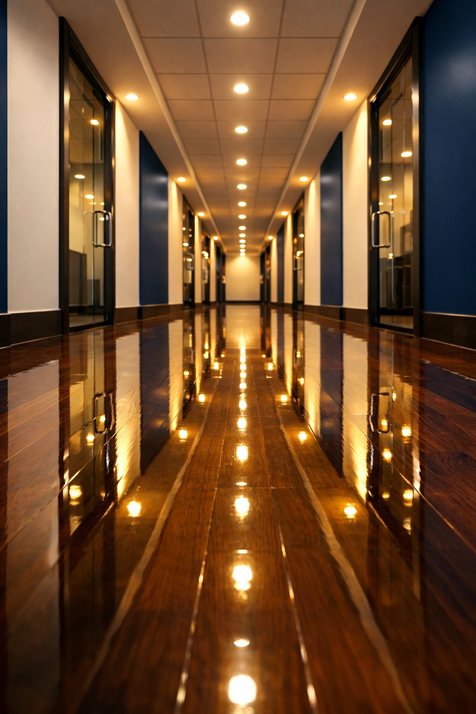 Polished hardwood floors in a professional corridor showing expert office cleaning in Milford.