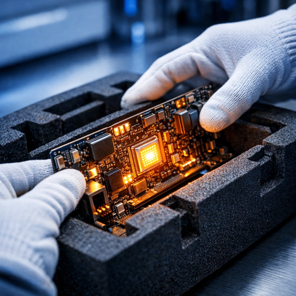 Expert handling of high-value telecommunications equipment in anti-static protective packaging.