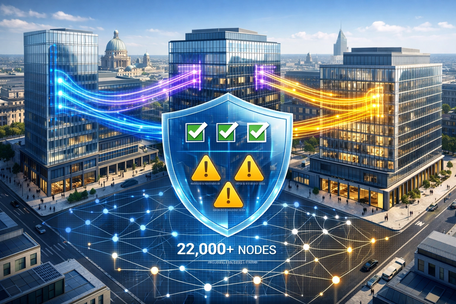 EU financial institutions connected by data networks with DORA compliance security shield