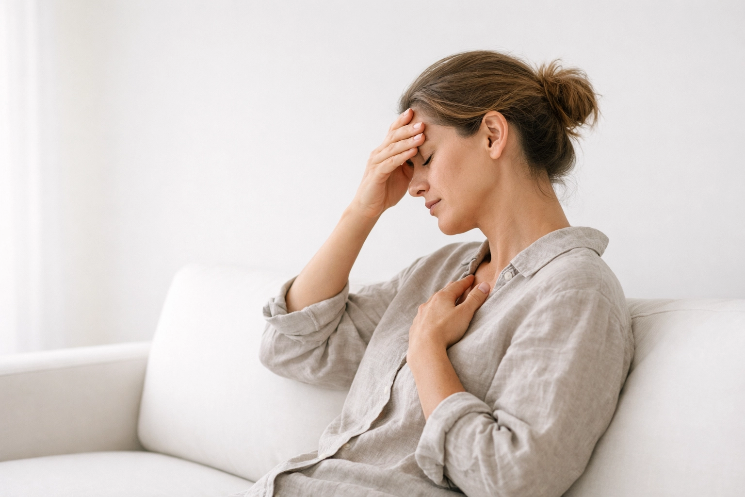 A person sitting on a sofa feeling stressed, representing chronic anxiety and the need for somatic therapy.