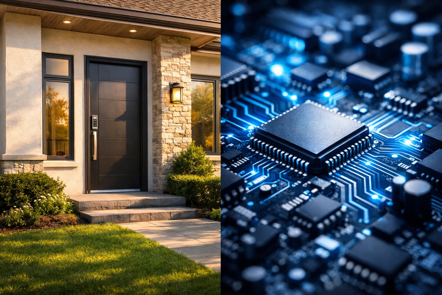 Comparison of secure home exterior and computer motherboard showing digital security parallels