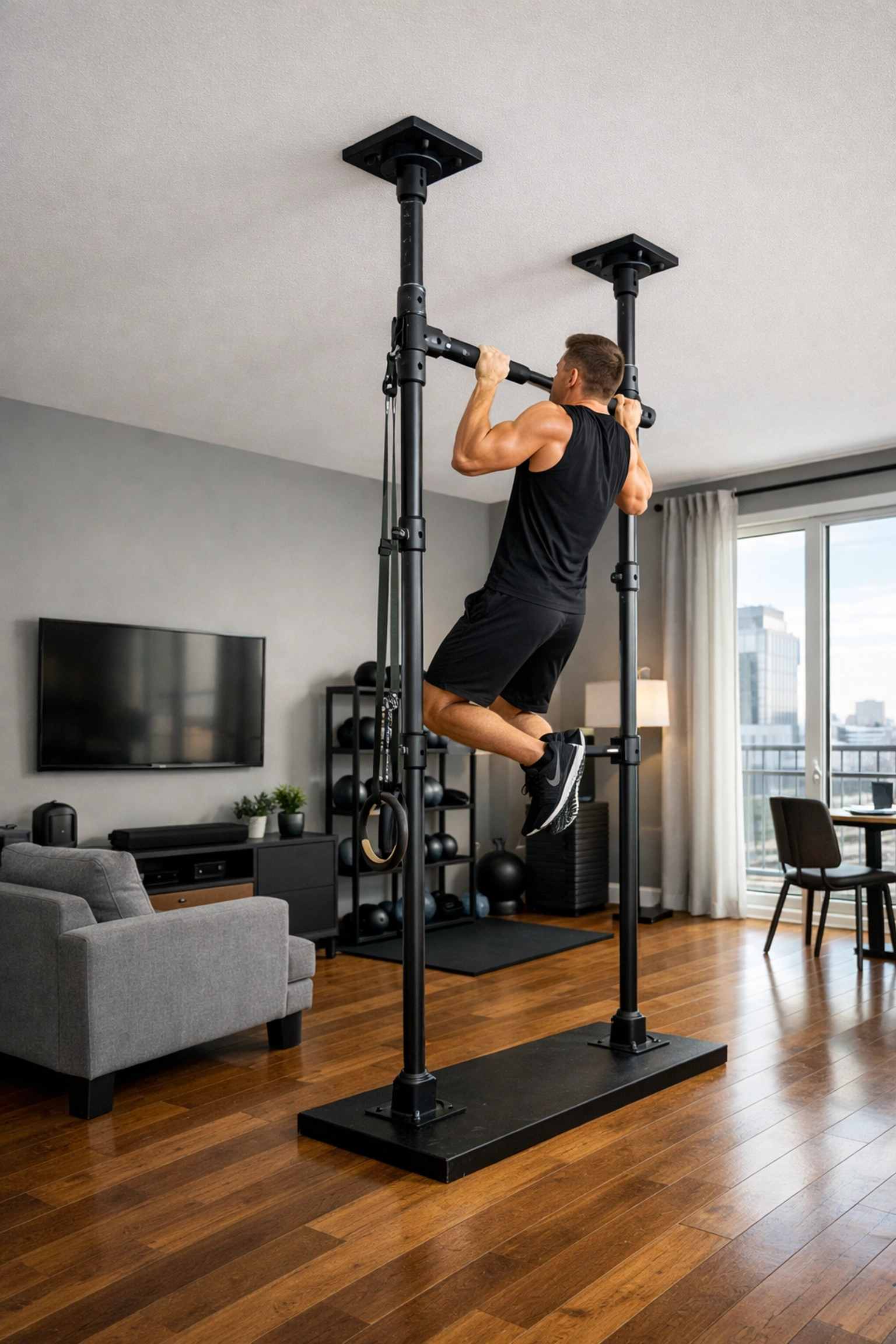 Floor-to-ceiling home gym system installed in living room with athlete performing pull-ups