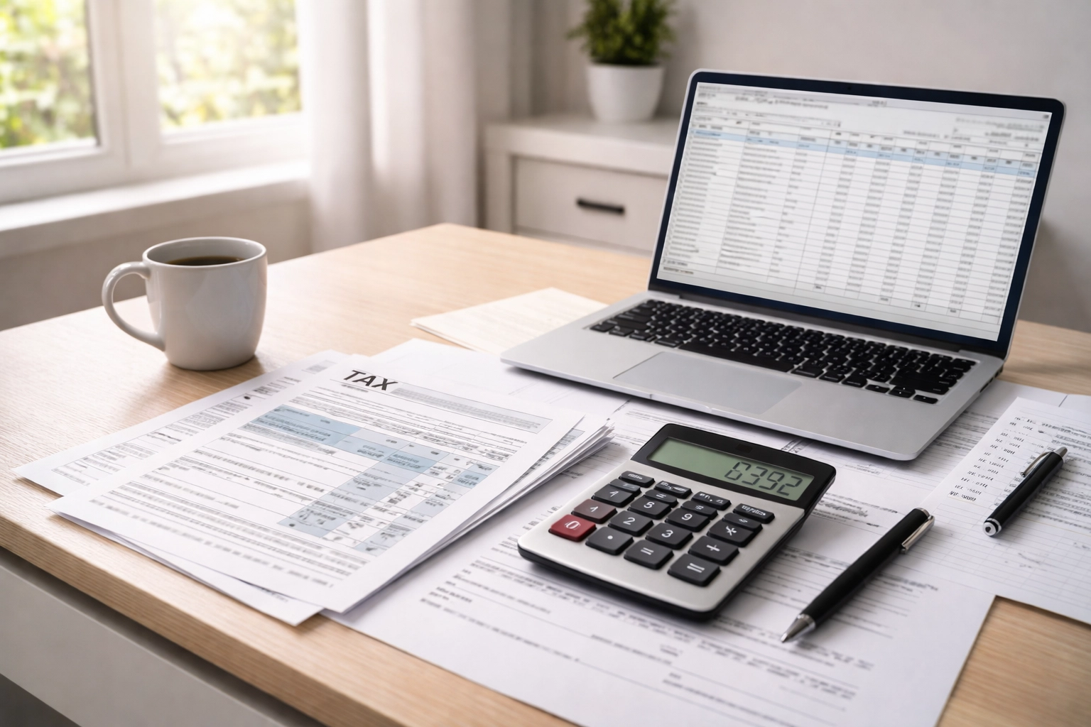 Modern home office desk showing organized tax documents, calculator, and laptop, highlighting standard deduction tax preparation.
