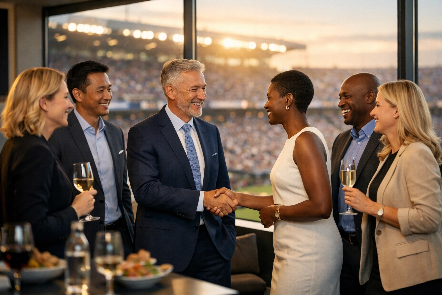 Business executives networking at Super Bowl VIP hospitality suite with stadium views