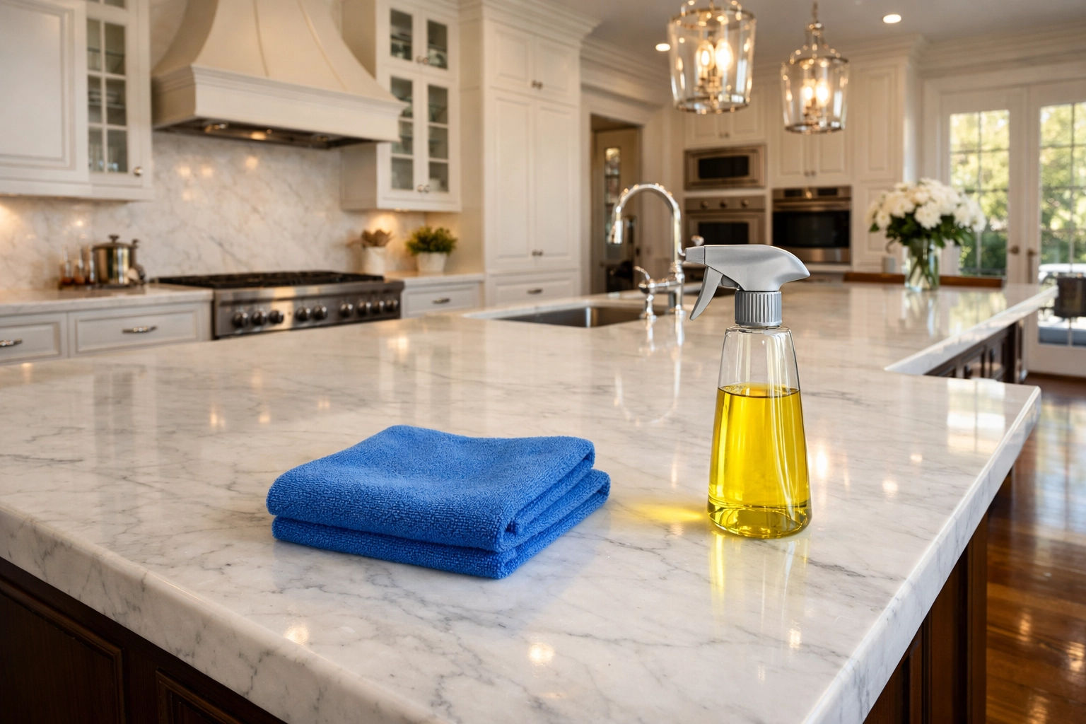 Luxury Worcester kitchen with marble counters and hardwood floors ready for deep cleaning Worcester.