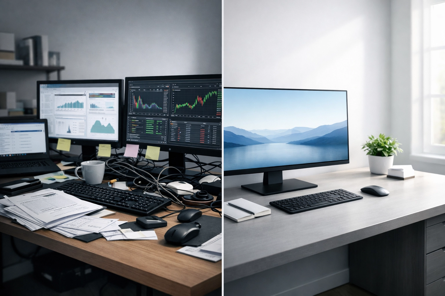 Before and after workspace showing cluttered tech stack transformed into organized single monitor setup