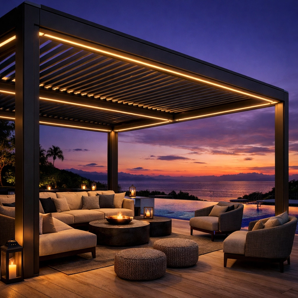Modern poolside retractable louvre system with integrated LED lighting over a luxury outdoor lounge.