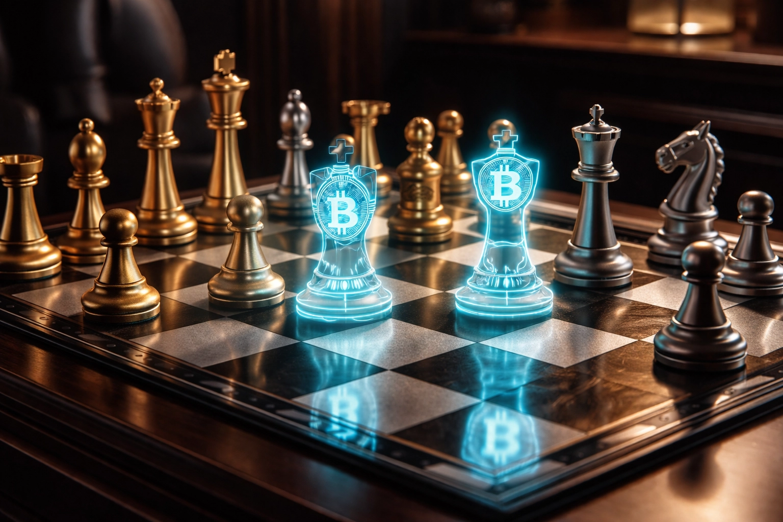 Strategic chess board symbolizing balanced portfolio with traditional assets and digital investments