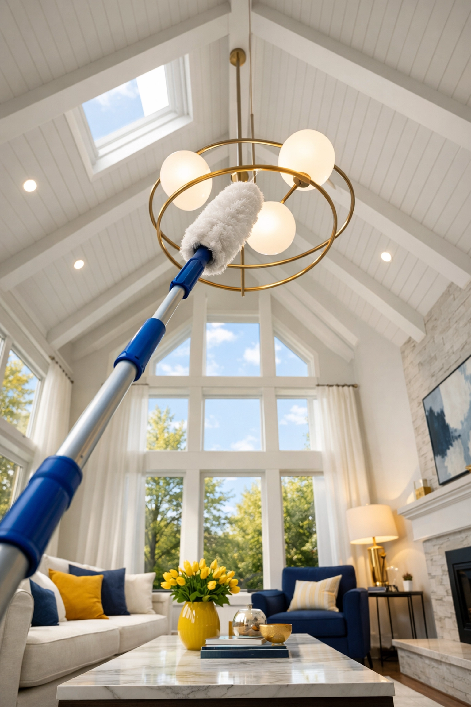 Systematic top-down house cleaning in an Ashby MA home reaching high light fixtures and ceilings.