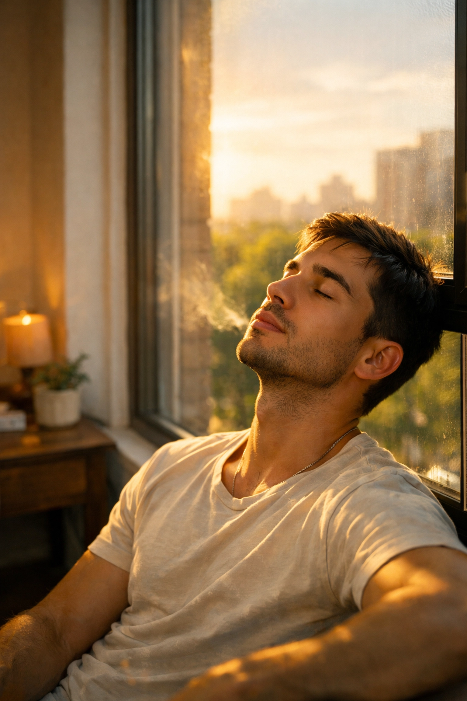 A relaxed gay man exhaling in a sun-drenched room, symbolizing queer healing and a peaceful future.