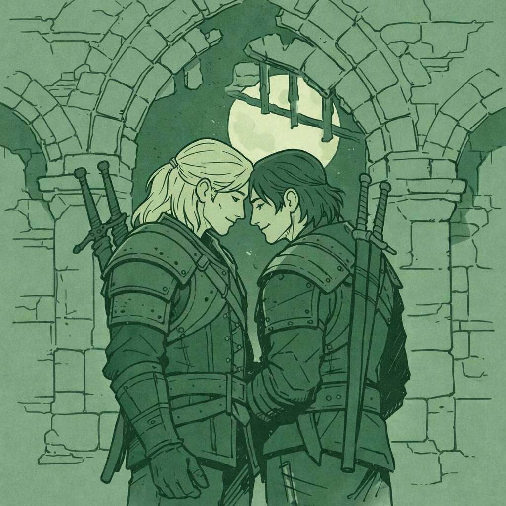 Two witchers reunite in Kaer Morhen fortress - MM fantasy romance illustration