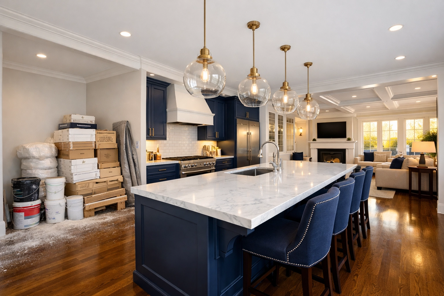 Professional post-construction cleaning MA in a luxury kitchen with polished marble and hardwood floors.