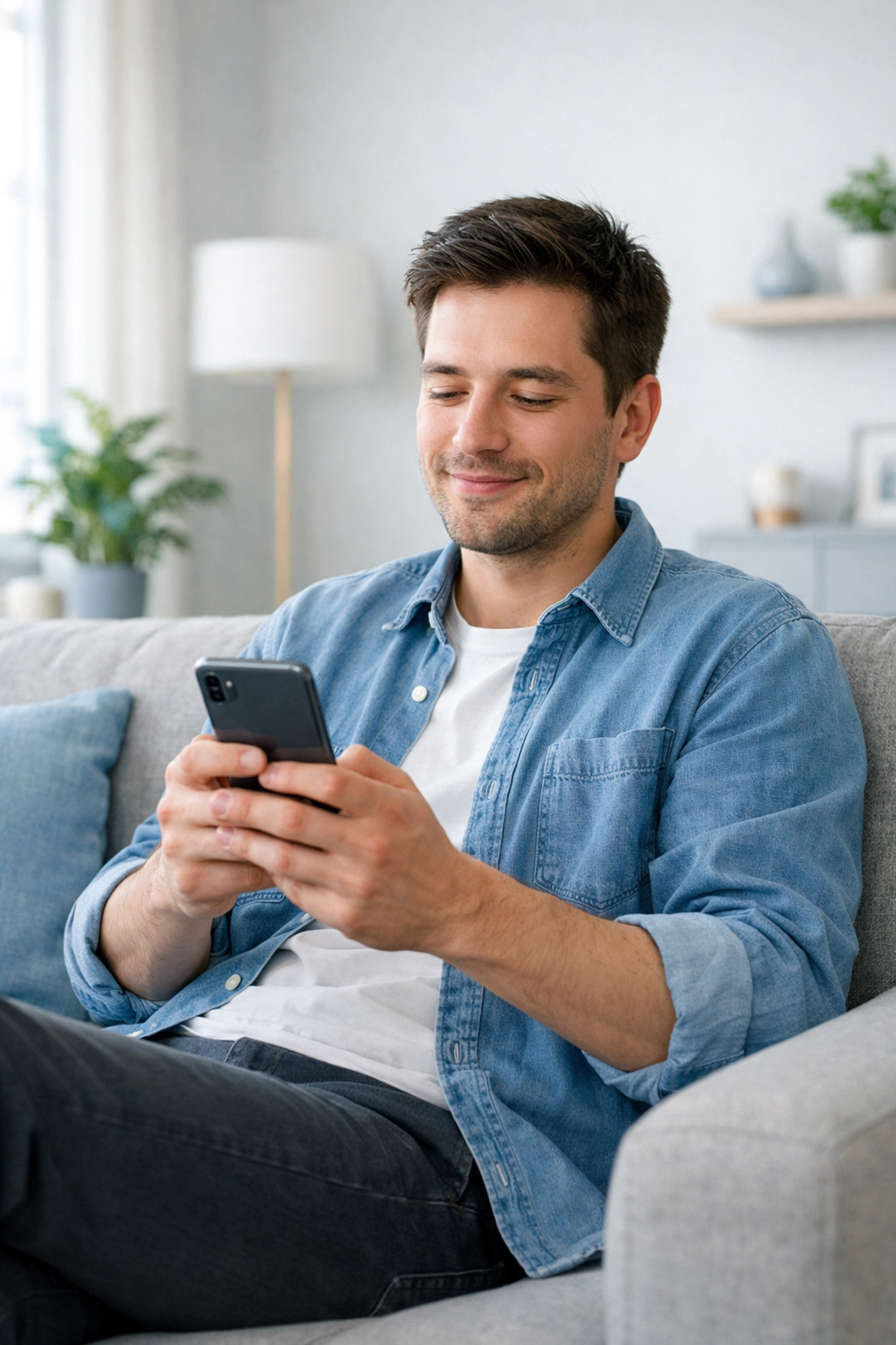 Relieved Canadian resident applying for an instant loan Canada on a smartphone.
