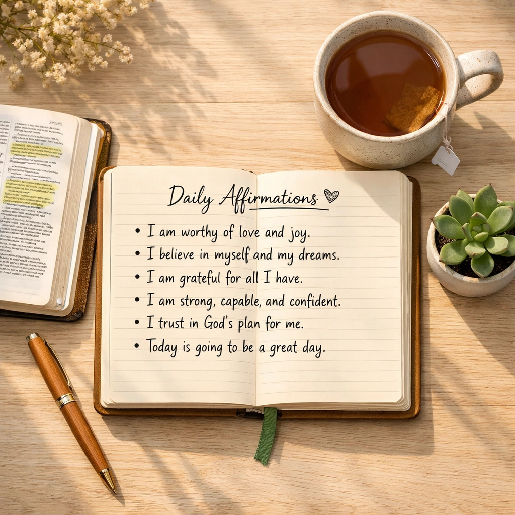 Morning journal with affirmations beside Bible and tea for anxiety reset routine