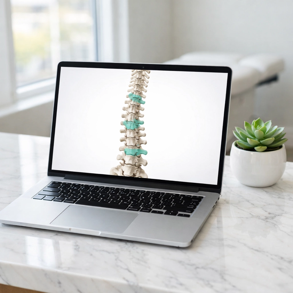 Laptop in a modern clinic showing spinal diagrams for chiropractic condition-based SEO content.