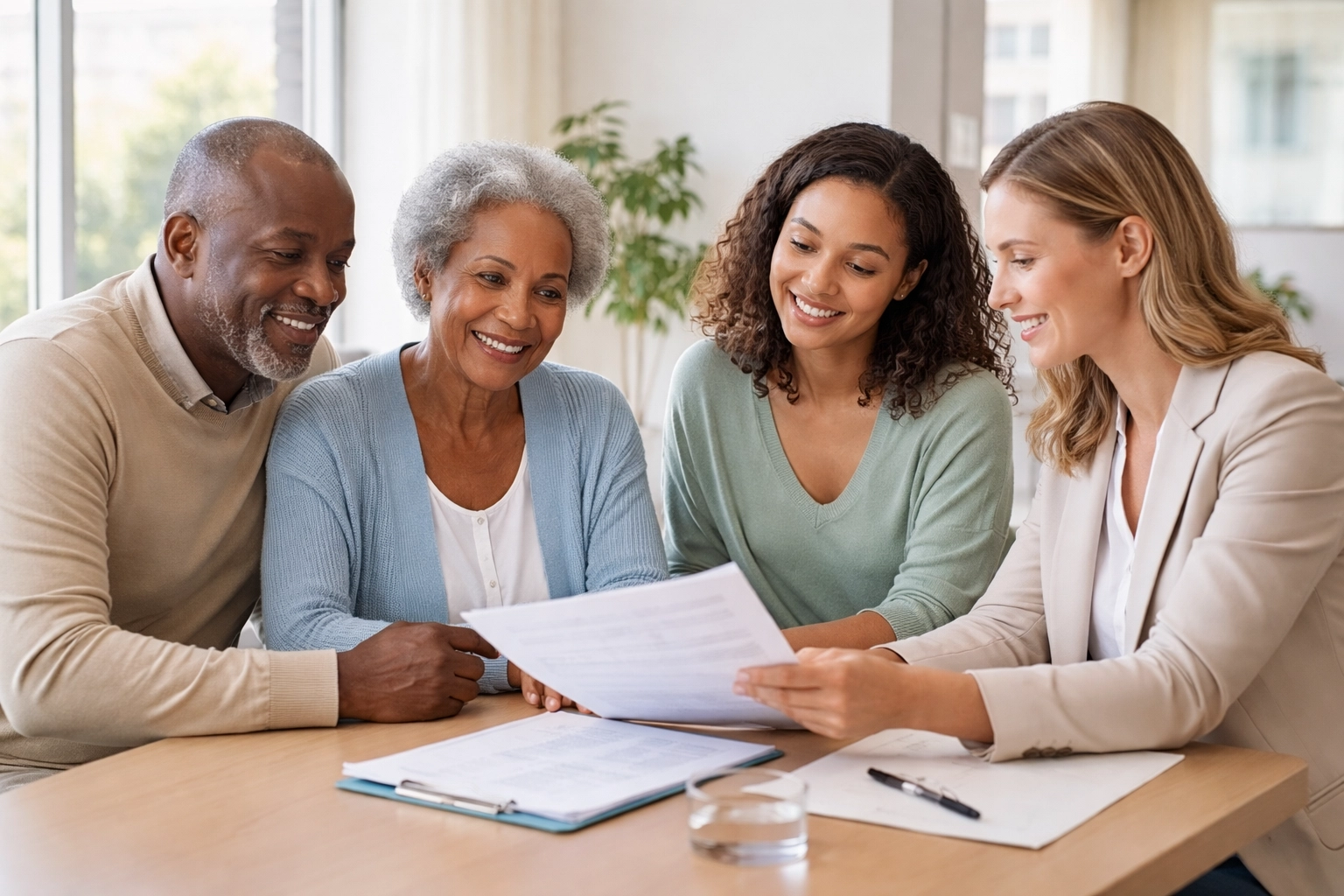 Diverse family consulting with a healthcare advisor, illustrating trust and collaboration in choosing compliant treatment centers