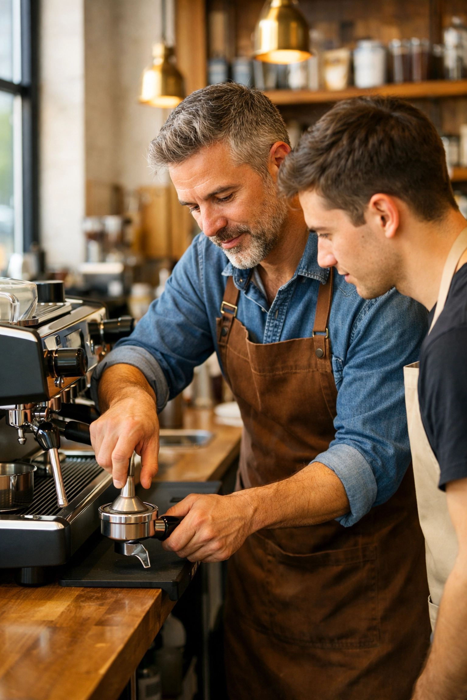 Experienced barista training staff on proper tamping technique for coffee consistency