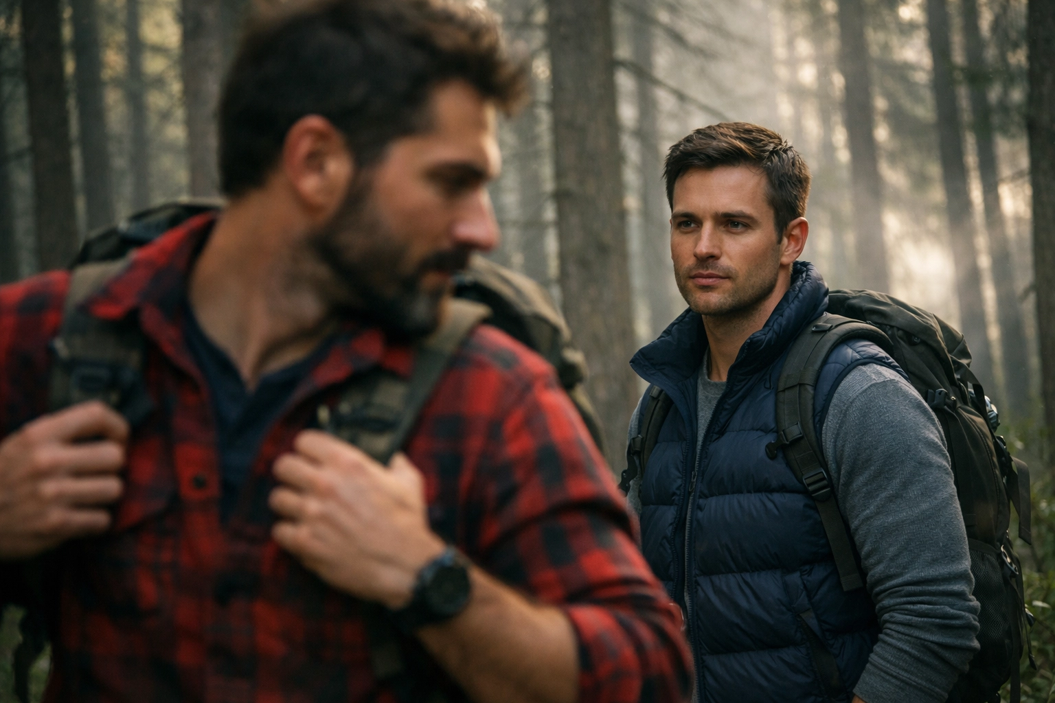 Two men hiking in a misty forest, capturing a moment of romantic tension between friends in an MM romance.