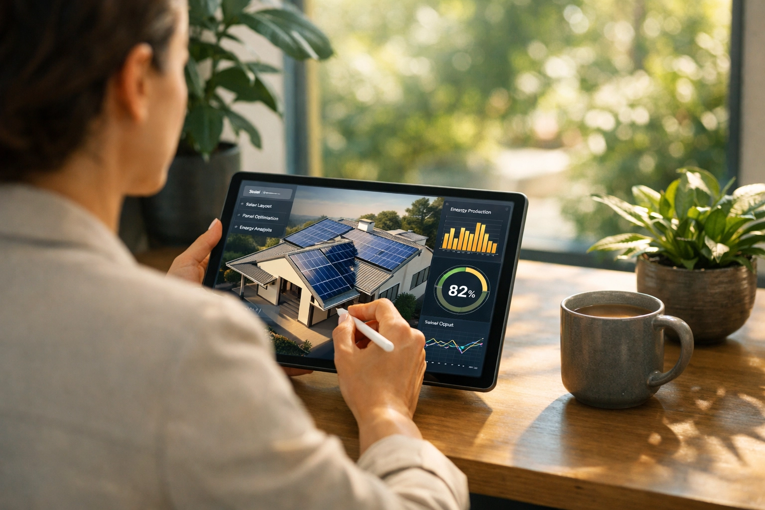 Homeowner using online solar design software to plan a panel installation on a tablet.