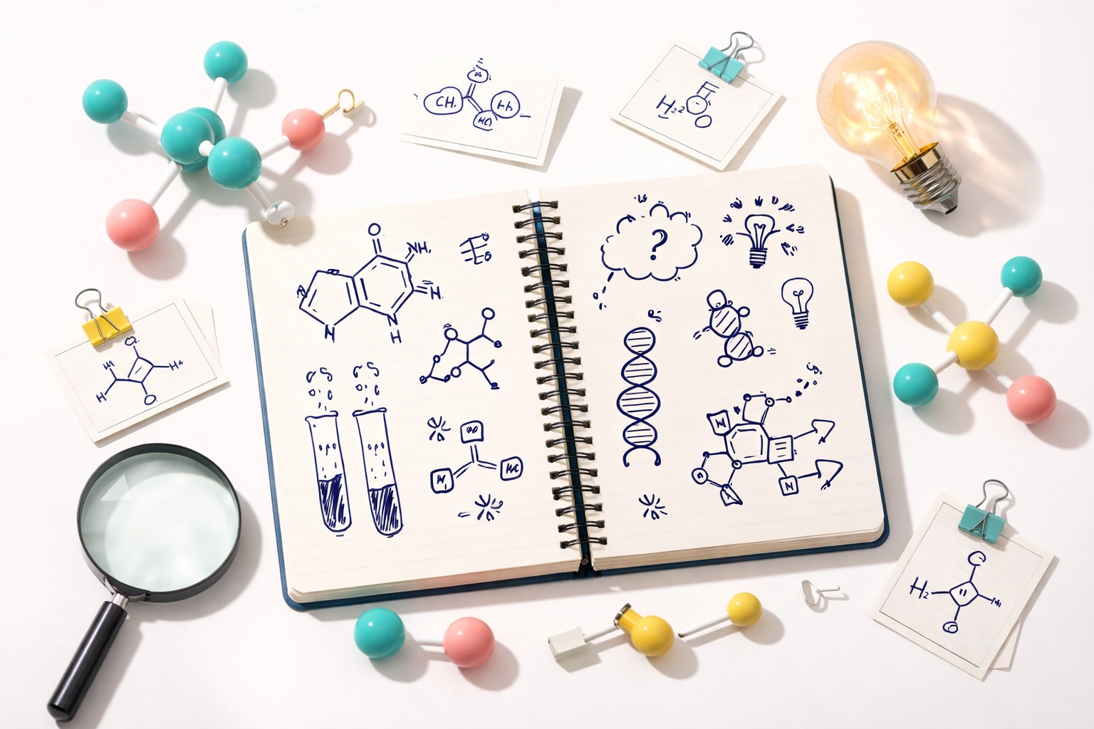 Flat lay photo of a chemistry revision notebook, molecular models, and revision cards suggesting scientific curiosity and Oxbridge interview preparation.