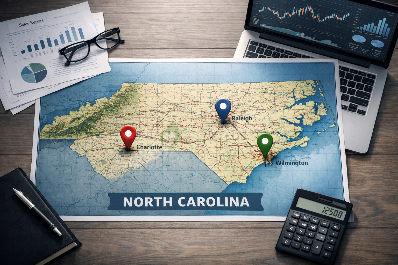 North Carolina map showing Charlotte Raleigh Wilmington business broker service areas